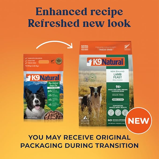 K9 Natural Lamb Freeze Dried Dog Food, High-Meat Natural Complete Meal or Meal Toppers for Dogs, Grass-Fed Lamb from New Zealand, Grain-Free, GMO-Free, Complete & Balanced Nutrition, 4lb