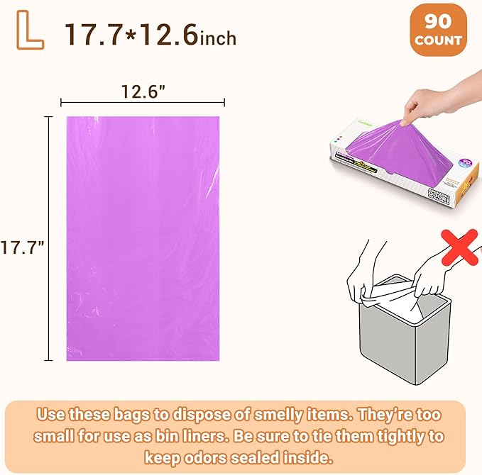 Odor-Sealing Cat Litter Bags - 90 Count Unscented Cat Poop Bags with Strong Odor Control, Leakproof & Durable Pet Waste Bags (Size:L, Color: Purple)