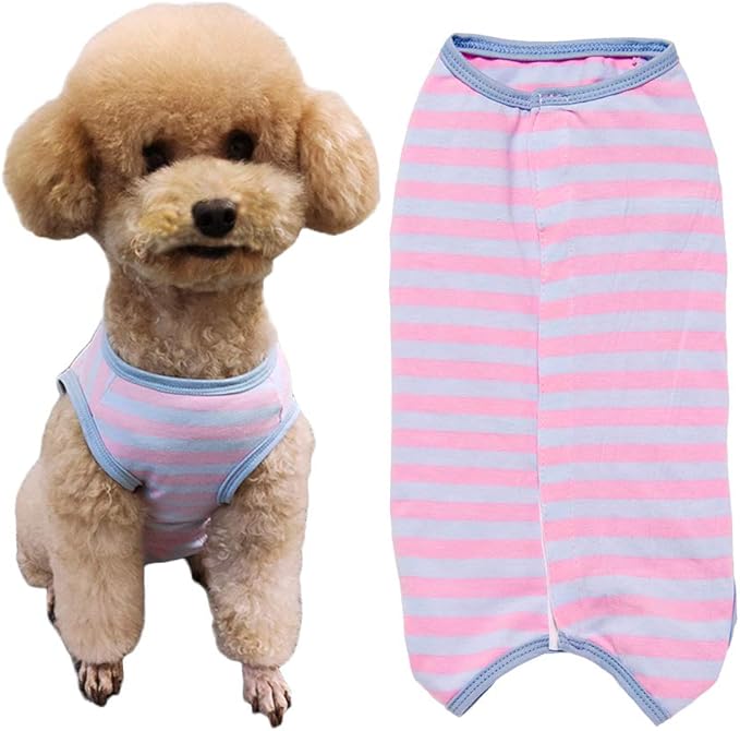 Dog’s Recovery Suit Post Surgery Shirt for Puppy, Wound Protective Clothes for Little Animals(Pink Blue Stripe-XL)