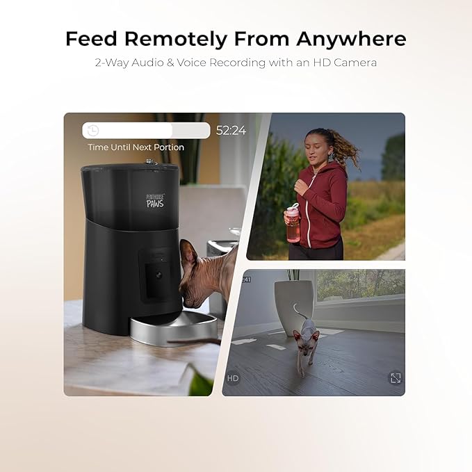 Penthouse Paws Smart HD Automatic Pet Feeder, 6L Dry Food Capacity, 1080p Camera, 2-Way Audio, Scheduled Meals, Backup Power, Easy to Clean, Anti-Jam Design for Cat & Dog, Black/Stainless Steel
