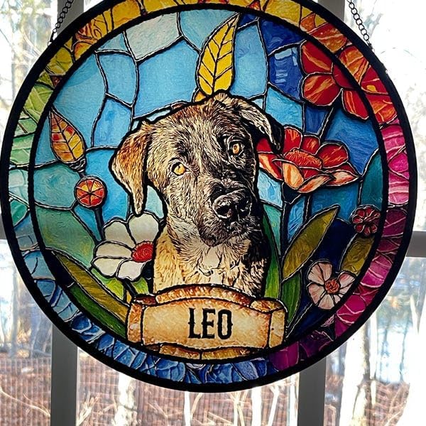 LOVELYPOD Personalized Dog Portrait Stained Glass Suncatcher, Custom Pet Memorial Stained Glass Photo Suncatcher, Dog Loss Keepsake, Pet Loss Gift, Christmas Ornament for Family