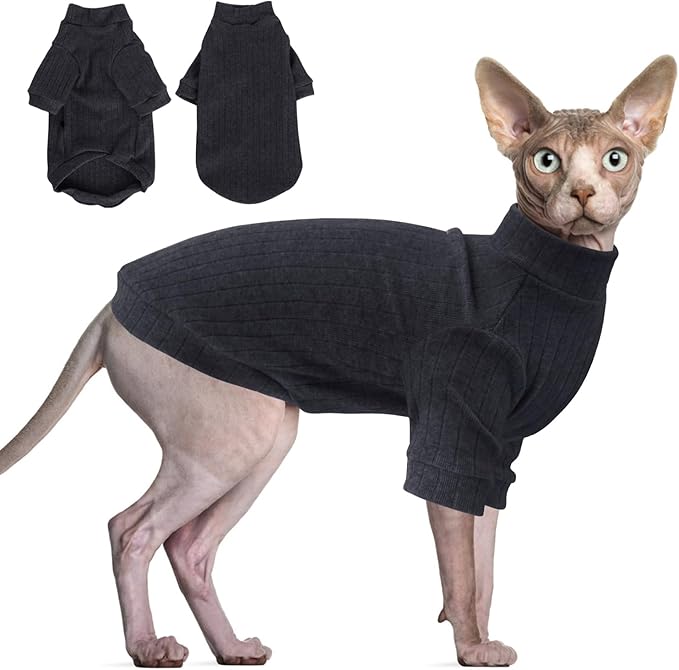 Idepet Sphynx Hairless Cats Sweater Shirt Kitten Soft Puppy Clothes Pullover Cute Cat Pajamas Jumpsuit Cotton Apparel Pet Winter Turtleneck for Cats and Teacup Chihuahua Small Dogs(Black,S)