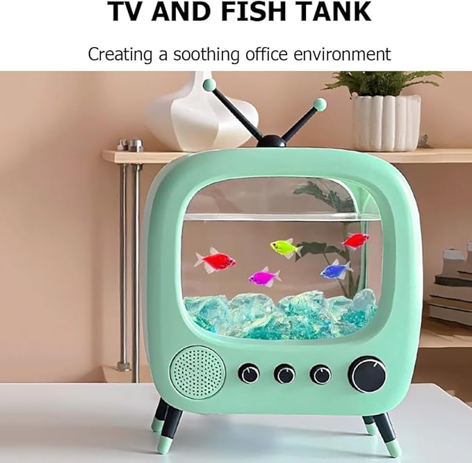 Fish Tank Mini Aquarium,Realistic TV Styling,Small Betta Fish Tank Starter Kit,Desktop Fish Bowl for Desk Display with Lights,Helping Cats Fight Depression,Green a