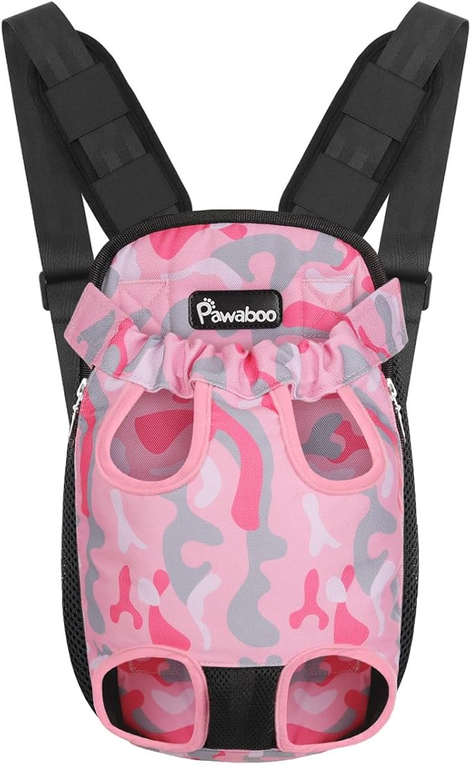 Pawaboo Adjustable Carrier Backpack for Dog Cat, Pet Front Dog Carrier Purses Cat Travel Bag, Legs Out, Easy-Fit for Traveling Hiking for Small Dogs Cats Puppies, S, Pink Camouflage
