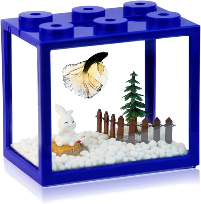 Small Betta Fish Tank, Stackable Mini Aquarium Tank Kit with Aquarium Gravel & Forest Micro Landscape, 0.6 Gallon Acrylic Cube Fish Bowl for Sea Monkeys Shrimp Snails (Blue)