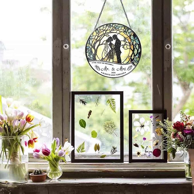 Stained Glass Suncatcher - Mr & Mrs 2026 Wedding Keepsake, Bridal Shower Gift for Newlyweds,Wedding Anniversary Keepsake, Suncatchers for Windows Hanging - Bride's Home Decoration or Ceremony Souvenir