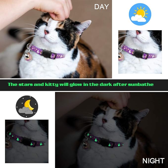 Baeuppit 2PCS Breakaway Cat Collars with Bell Cute Kitty Glow in The Dark Adjustable Kitten Collars with Pendant(Black&Sky Blue)