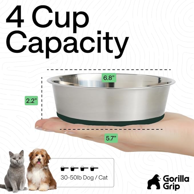 GORILLA GRIP Dog Bowls, Holds 4 Cups Each (32 fl oz), Heavy Duty Stainless Steel Food and Water Bowl for Feeding Dogs and Cats, Dishwasher Safe, Rust Resistant, BPA Free Rubber Base, Set of 2 Green