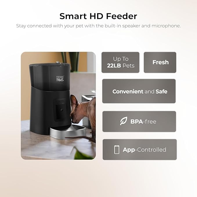 Penthouse Paws Smart HD Automatic Pet Feeder, 6L Dry Food Capacity, 1080p Camera, 2-Way Audio, Scheduled Meals, Backup Power, Easy to Clean, Anti-Jam Design for Cat & Dog, Black/Stainless Steel