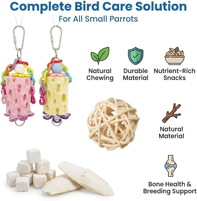 3PS Bird Chewing Toys+Sepak Takraw Bird Beak Grinding Stone Calcium Parakeet Treats for Budgies Cockatiels Conures Quaker Senegal Parrot