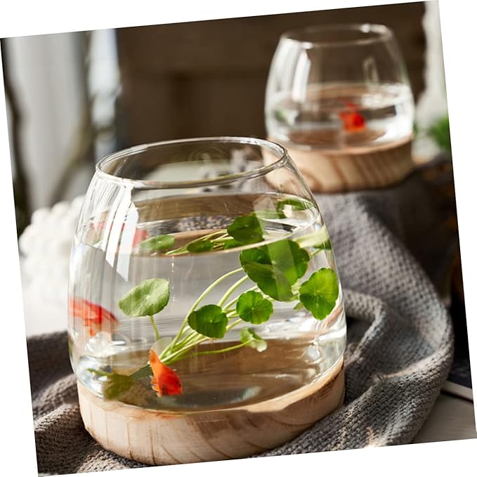 Sosoport 1set Decorative Glass Planter Wooden Base Unique Betta Fish Bowl Hydroponic Plants Container for Desktop Decor for Home Office Wedding Garden Settings