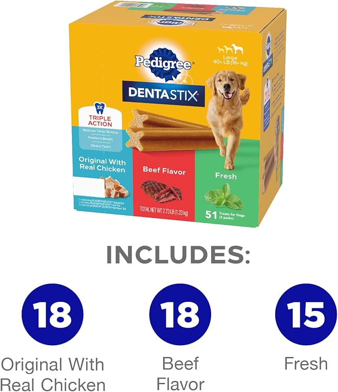 Pedigree Dentastix Large Dog Treats, Original, Beef & Fresh, 2.73 lb. Variety Pack (51 Treats Total)