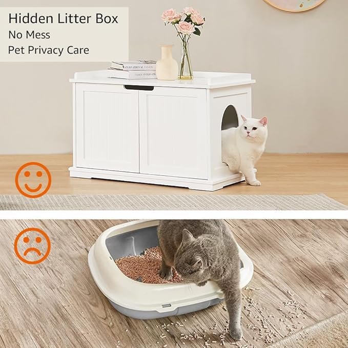 unipaws Cat Litter Box Enclosure Furniture, Cat Washroom, Hidden Litter Box Cover, Cabinet for Large Cat, Dog Proof Cat Litter Boxes, Hideaway Litter Box, Cat House, White