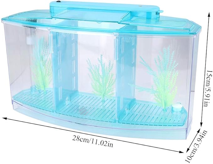 Aquarium Isolation Box Acrylic Breeding Hatchery Small Fishes Incubator Mini Fish Tank LED Acrylic Three Divisions Breeding Isolation Box for Small Fishes(Blue)