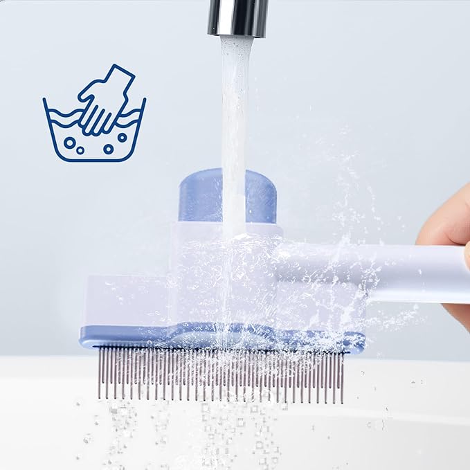 Cat Comb Dog Comb– Pet Hair Removal Tool for Fleas, Lice (Suitable for Cats & Dogs). Cat Brush with Release Button, Self-Cleaning Design, and Long & Short Stainless Steel Teeth for Shedding