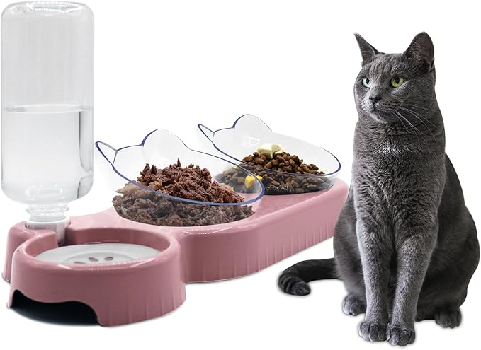 Triple Cat Bowls,15°Tilt 3-in-1 Water Feeder Bowls Cat Double Food Bowls with Automatic Water Bottle Bowl, Whisker Friendly Wet and Dry Cat Elevated Feeding Dishes for Small Cat and Puppy (Pink)