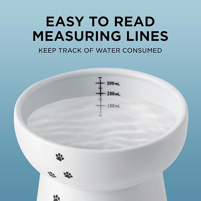 NECOICHI Raised Cat Water Bowl, Elevated, with Measurement Lines, Dishwasher and Microwave Safe (Cat, Extra Tall) White