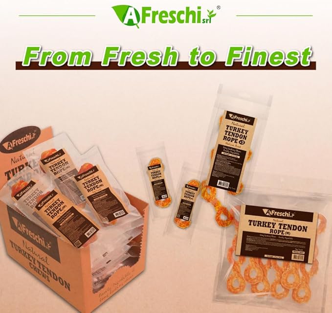 A Freschi srl Turkey Tendons for Dogs, USA-Sourced, Healthy Dog Treats, Rawhide-Free Puppy Chews, Long Lasting, All Natural, Hypoallergenic Dog Treats for Medium Breeds, 10 oz Pack Rope (M)