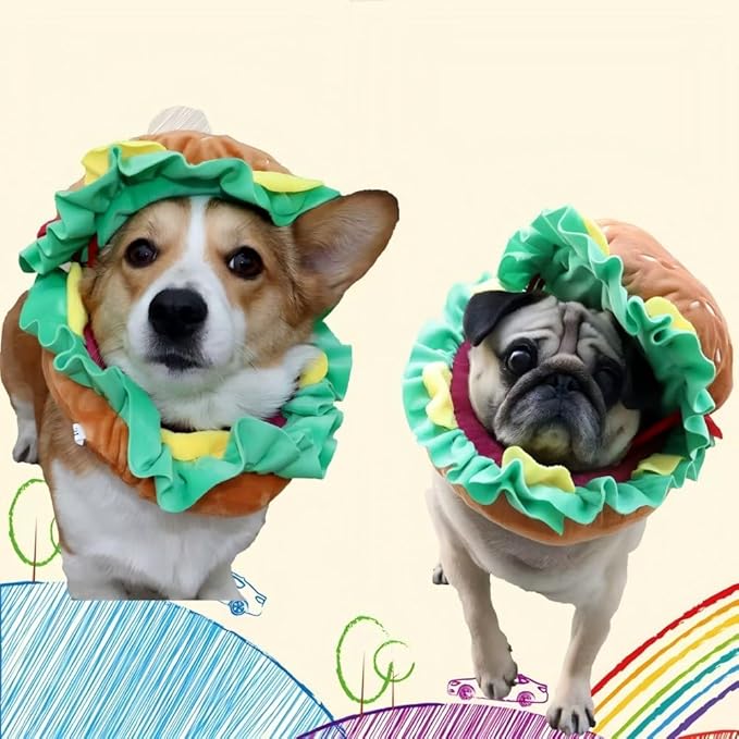 Soft Hamburger Hat Recovery Cone for Cats & Dogs - Funny Pet Collar Halloween Costume Hat for Small Pets