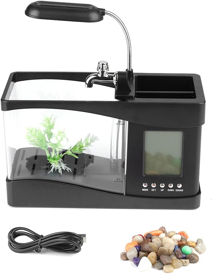 Multifunctional Mini Fish Tank, Desktop Aquarium with USB Rechargeable LED Lights, Clock Function, Black Plastic Fish Tank