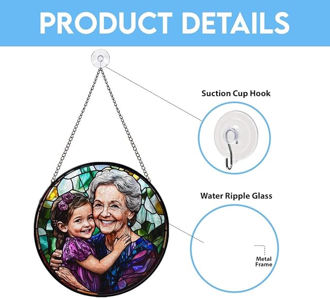 LOVELYPOD Personalized Grandma Stained Glass Sun Catcher, Photo Family Portrait Window Hanging Ornament, Custom Photo Gift, Grandma Gifts, for Mom, Christmas Ornament for Family