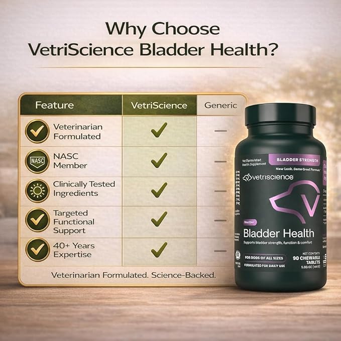 VetriScience Bladder Health Chewable Tablets, Bladder Strength Urinary Tract Supplement for Dogs, Reduce Urine Leakage and Overactive Bladder, With Soy Protein and Saw Palmetto, Smoke, 90 Count