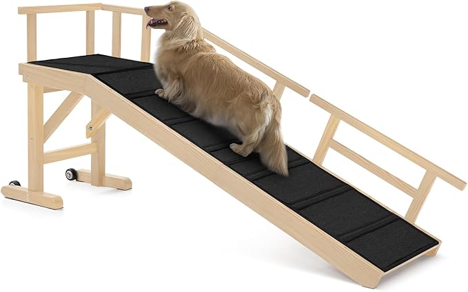 Dog Ramp for Bed or Couch, Wooden Pet Ramp with 20° Gentle Slope, Removable Side Rails, Non-Slip Surface, Top Platform & Wheels, Safe Bed Ramp for Small, Large & Senior Dogs, 60" Long, Natural