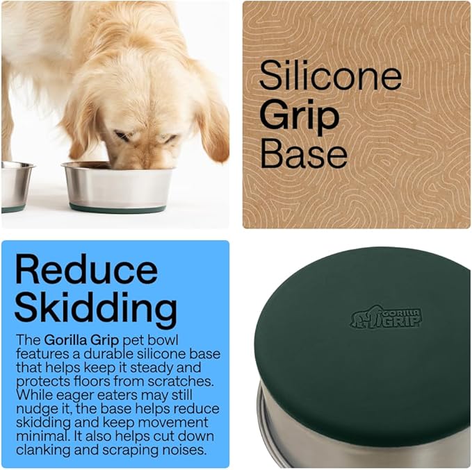 GORILLA GRIP Dog Bowls, Heavy Duty 304 Stainless Steel, Holds 6 Cups Each (48 fl oz) Food and Water Bowl for Feeding Dogs and Cats, Dishwasher Safe, Rust Resistant, BPA Free Rubber Base Set of 2 Green