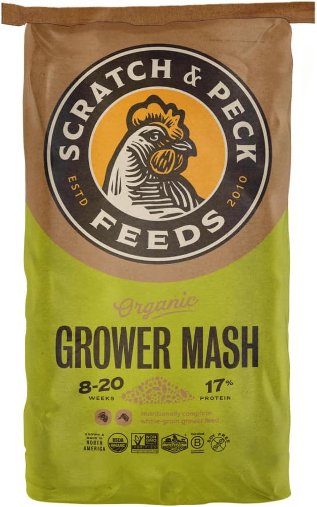 Scratch and Peck Feeds Whole Grain Grower Mash Chicken and Duck Feed - 40 lbs Bag - Corn-Free and Soy-Free - 17% Protein, Certified Organic and Non-GMO Project Verified Chicken Food