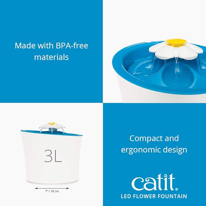 Catit LED Flower Fountain with Triple Action Filter, Cat Drinking Water Fountain, 3 L