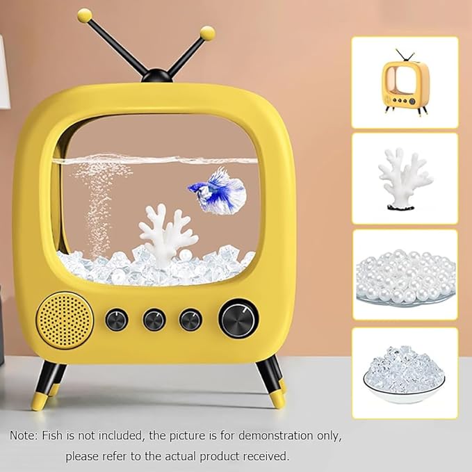 Fish Tank Mini Aquarium,Realistic TV Styling,Small Betta Fish Tank Starter Kit,Desktop Fish Bowl for Desk Display with Lights,Helping Cats Fight Depression,Yellow b