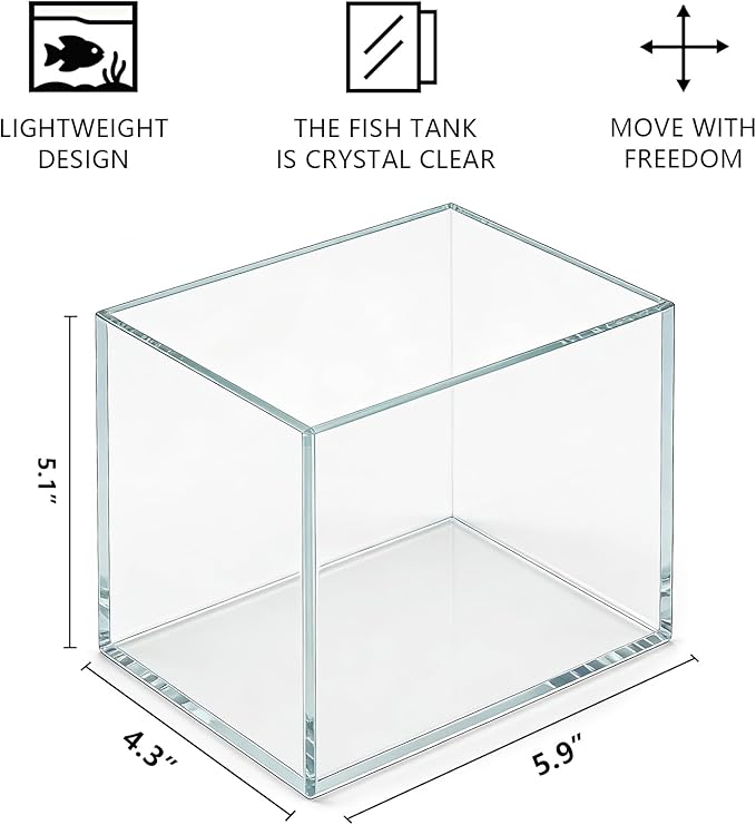 Small Glass Fish Tank, 5.9x4.3x5.1 Inch Rimless Aquarium, 0.7 Gallon Small quarium, Ultra Clear Glass Thickness 4mm (5.9x4.3x5.1)