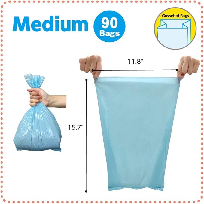 BOS Amazing Odor Sealing Cat Waste Disposal Bags - Durable and Unscented [Size: M, Color: Light blue] (90 Count, Pack of 2) (180 Bags)