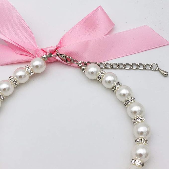 Pearl Crystal Dog Necklace Collar Jewelry for Small Dogs Puppy, Bling Cat Wedding Collar with Rhinestones Charm, Chihuahua Yorkie Clothes Outfits Accessories (Pink Heart, 8 to 10-Inch)