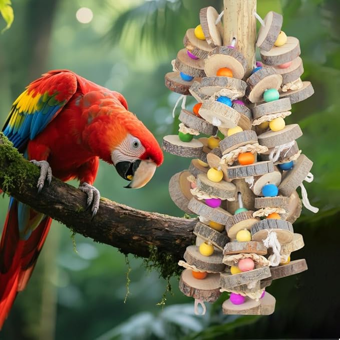 Large Bird Toys for Parrots Toys Natural Colored Wooden Bird Cages Chew Accessories for Macaws, Cockatoos, African Grey, and Amazon Parrots