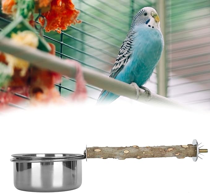 Wood Bird Perch with Bird Feeding Cups, Stainless Steel Parrot Food Water Bowls Dish Feeder for Cockatiel Conure Budgies Parakeet Feeding & Watering Supplies[L]