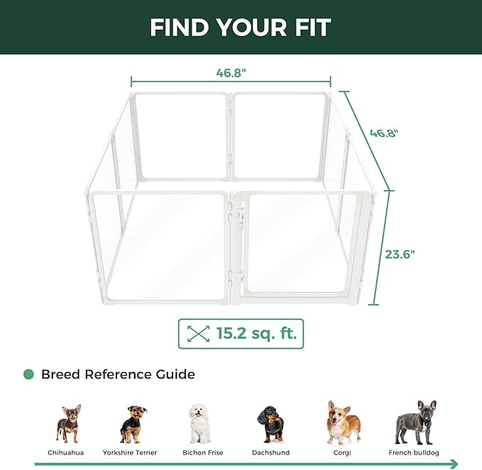 FXW AuraSpace Pro Metal & Acrylic Indoor Dog Playpen, All-Acrylic Clear Heavy-Duty Design, 24" Height 8 Panels for Puppies & Small Dogs, White│Patented