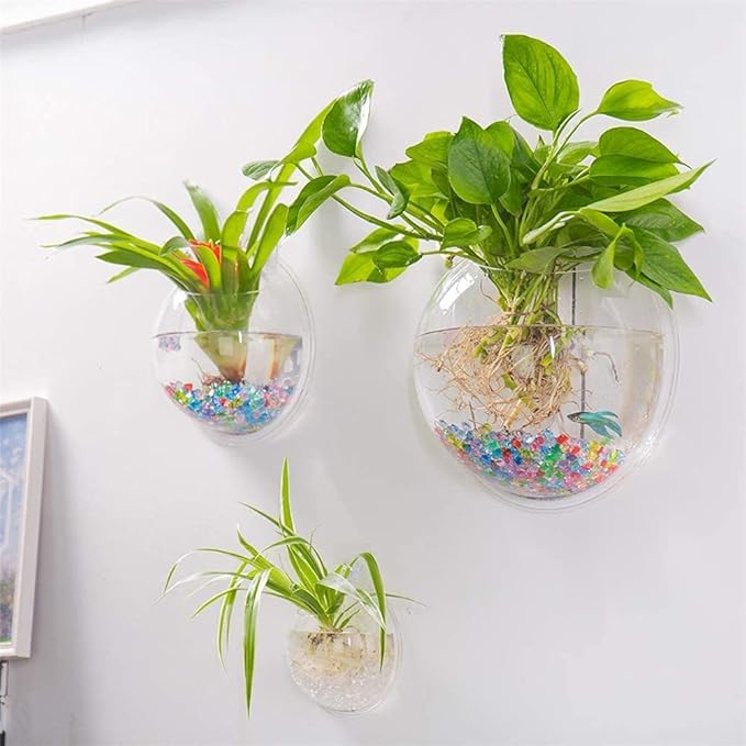 Acrylic Wall Mounted Fish Bowl, Hanging Aquarium Transparent Plastic Bubble Gold & Betta Fish Tank,Round Pot Flower Plant Vase Home Decoration (M: 235mm)