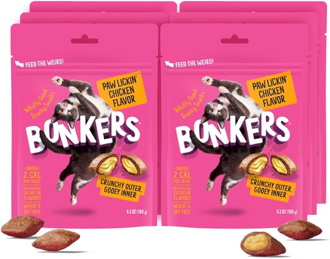 Bonkers Cat Treats Paw Lickin' Chicken Flavor 6.3 OZ, Treats for Training, for All Breeds and Ages, Food Topper, Resealable Pouch (6 Pack)