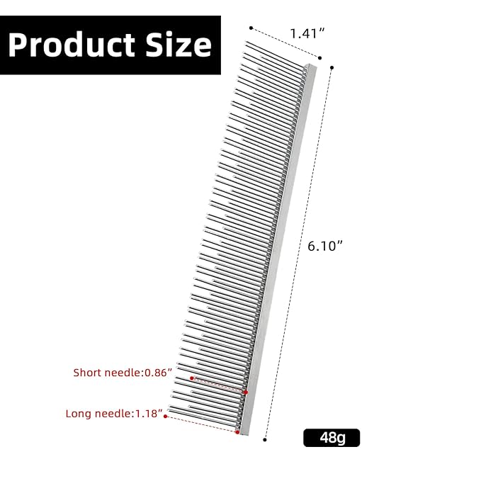 Professional Pet Steel Comb, Stainless Steel Dematting Com for Dogs and Cats, Long and Short Teeth for Removing Mats, Tangles, Knots