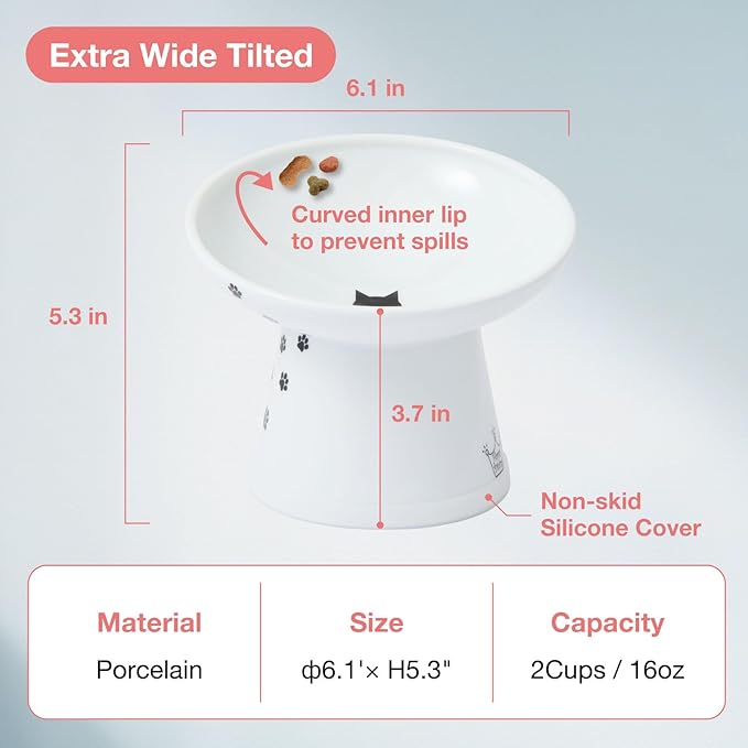 Necoichi Raised Cat Food Bowl – Ceramic Elevated 15° Tilted Cat Bowl for Whisker & Neck Fatigue, Dishwasher Microwave Safe Non-Slip Anti Vomiting Ergonomic Design (Extra Wide Tilted, 1.5-Cup Capacity)
