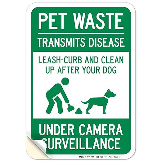 Pet Waste Leash-Curb and Clean Up After Your Dog Under Camera Surveillance Sign, 10x7 Inches, 4 Mil Vinyl Decal Stickers Weather Resistant, Made in USA