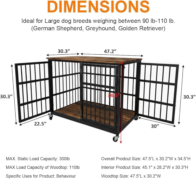 48 inch Dog Crate Furniture, Heavy Duty Dog Kennel Indoor for Large Dogs, Escape-Proof and Chew-Proof Wooden Dog Cage for high Anxiety Dog, Decorate House as TV Stand, End Table