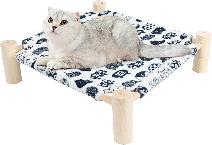 Patas Lague Cat and Dog Hammock Bed for Small Dogs, Flannel Fleece Wooden Cat Pet Rabbit Elevated Bed Cots Furniture for All Seasons White