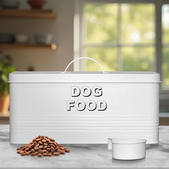 Plexon Metal Dog Food Storage Container with Scoop - Small Dog Food Container 10lbs Holder Treat Jar Bin with Lid - Pet Chow Storage Canister Tin, 2 Gallon, White