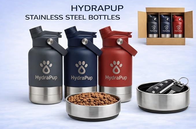 32oz Insulated Water Bottle with Dog Bowls – Human & Pet Shared Use, Stainless Steel Leakproof Travel Bottle (Crimson Red)