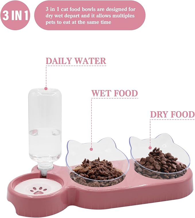 Triple Cat Bowls,15°Tilt 3-in-1 Water Feeder Bowls Cat Double Food Bowls with Automatic Water Bottle Bowl, Whisker Friendly Wet and Dry Cat Elevated Feeding Dishes for Small Cat and Puppy (Pink)