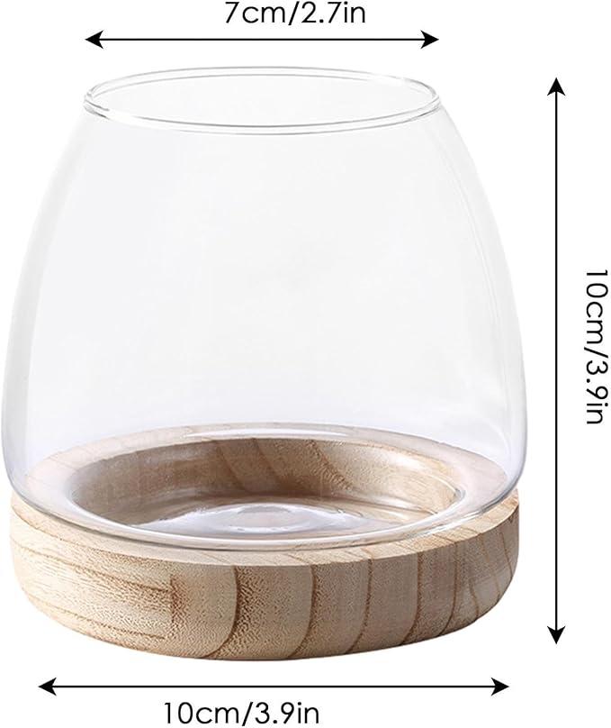 Glass Fish Bowl with Wooden Base, Transparent Small Aquarium Desktop Tank Vase Plant Terrarium Vase Home Decor, Multipurpose Aquarium Bowl for Betta Fish Goldf-ish
