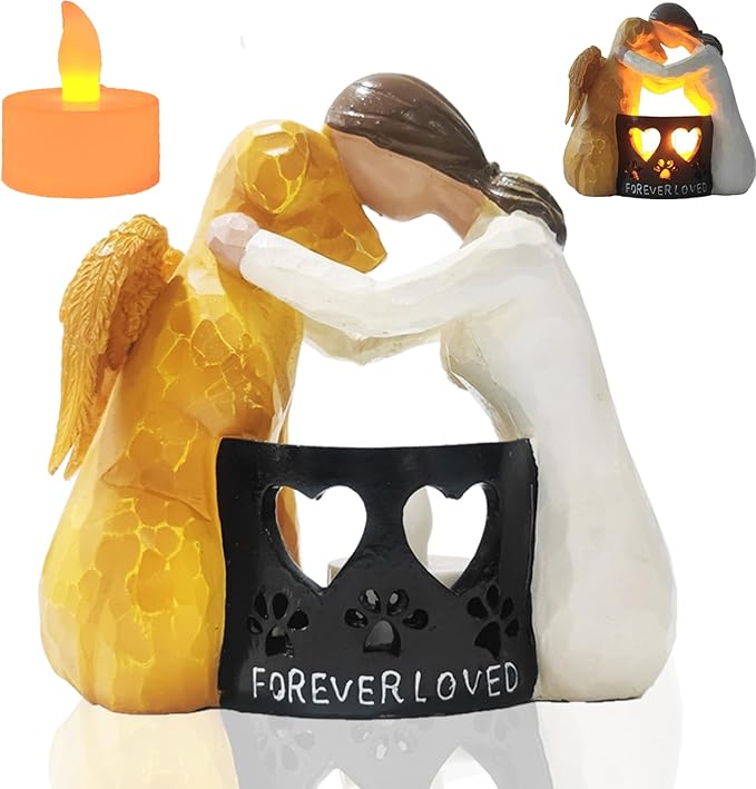 Dog Memorial Statue with Flickering Flameless Candle Sympathy Figurine Gift for Loss of Dog Remembrance