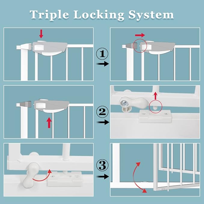 WAOWAO Triple Lock Baby Gate Extra Wide 81.49-85.82" Pressure Mounted Walk Through Swing Auto Close Safety White Metal Dog Pet Puppy Cat for Stairs,Doorways,Kitchen